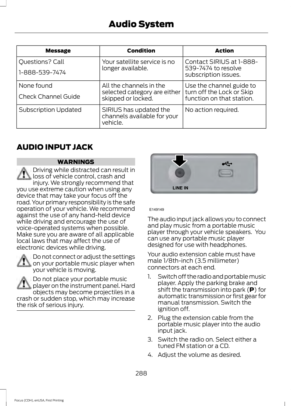 Audio input jack, Audio system | FORD 2015 Focus User Manual | Page 291 / 453