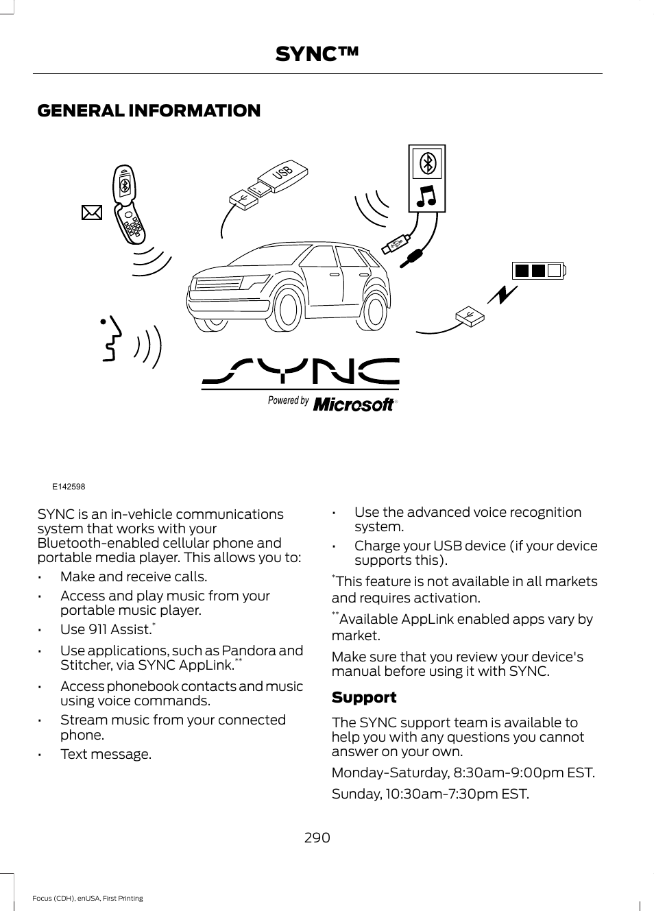 Sync, General information | FORD 2015 Focus User Manual | Page 293 / 453