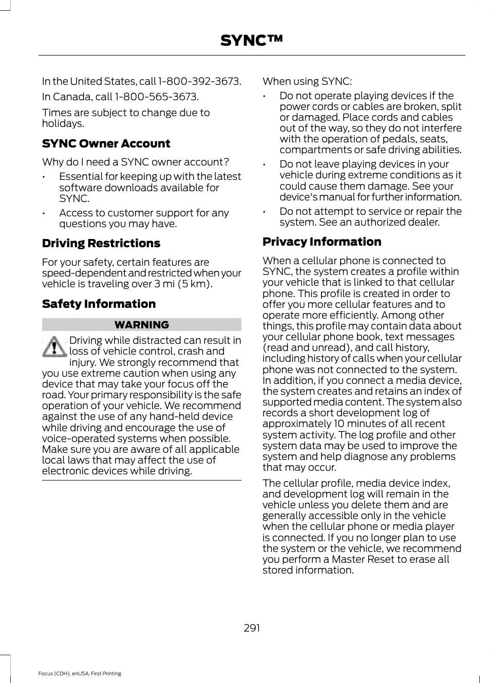 Sync | FORD 2015 Focus User Manual | Page 294 / 453