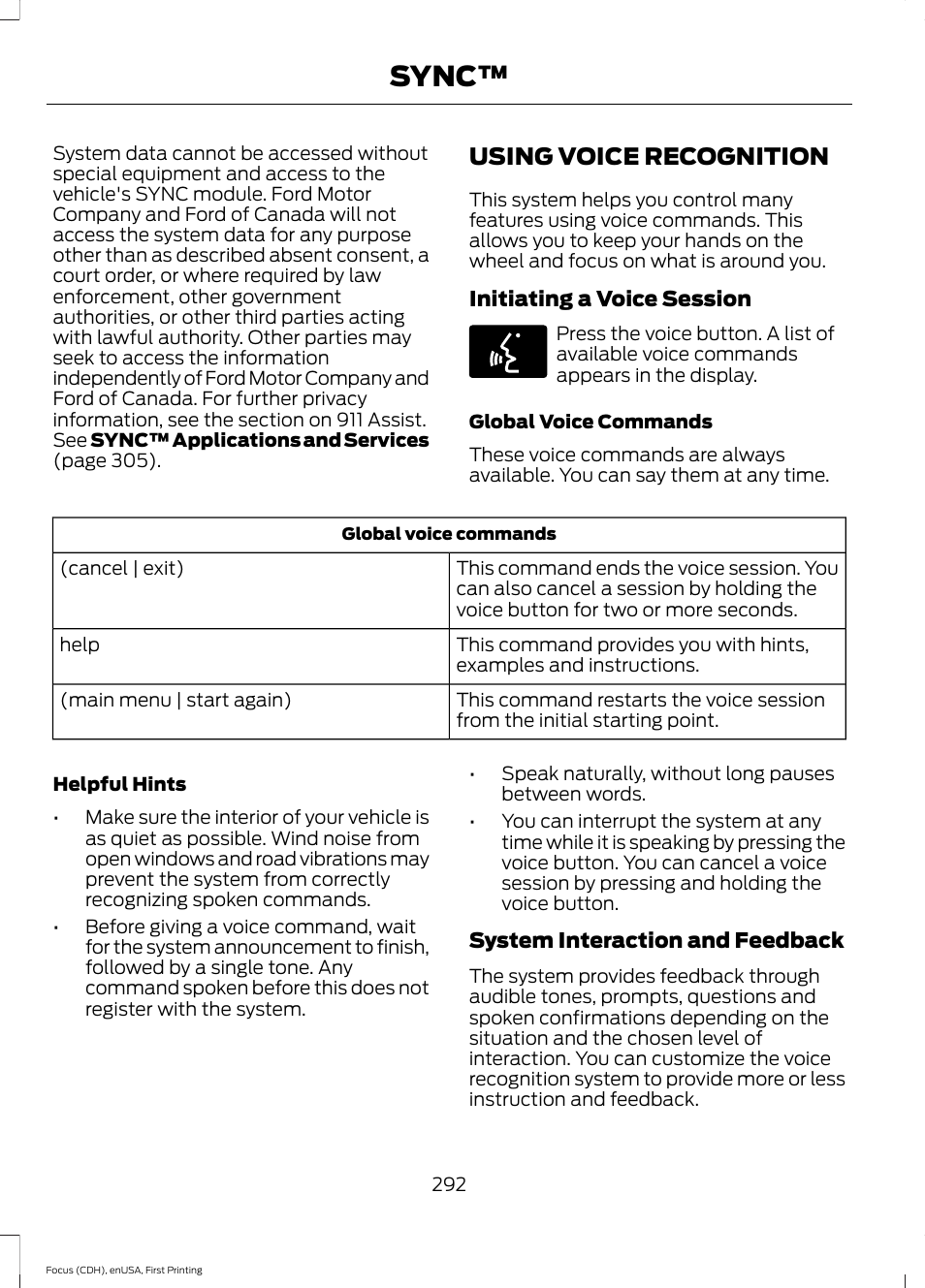 Using voice recognition, Sync | FORD 2015 Focus User Manual | Page 295 / 453