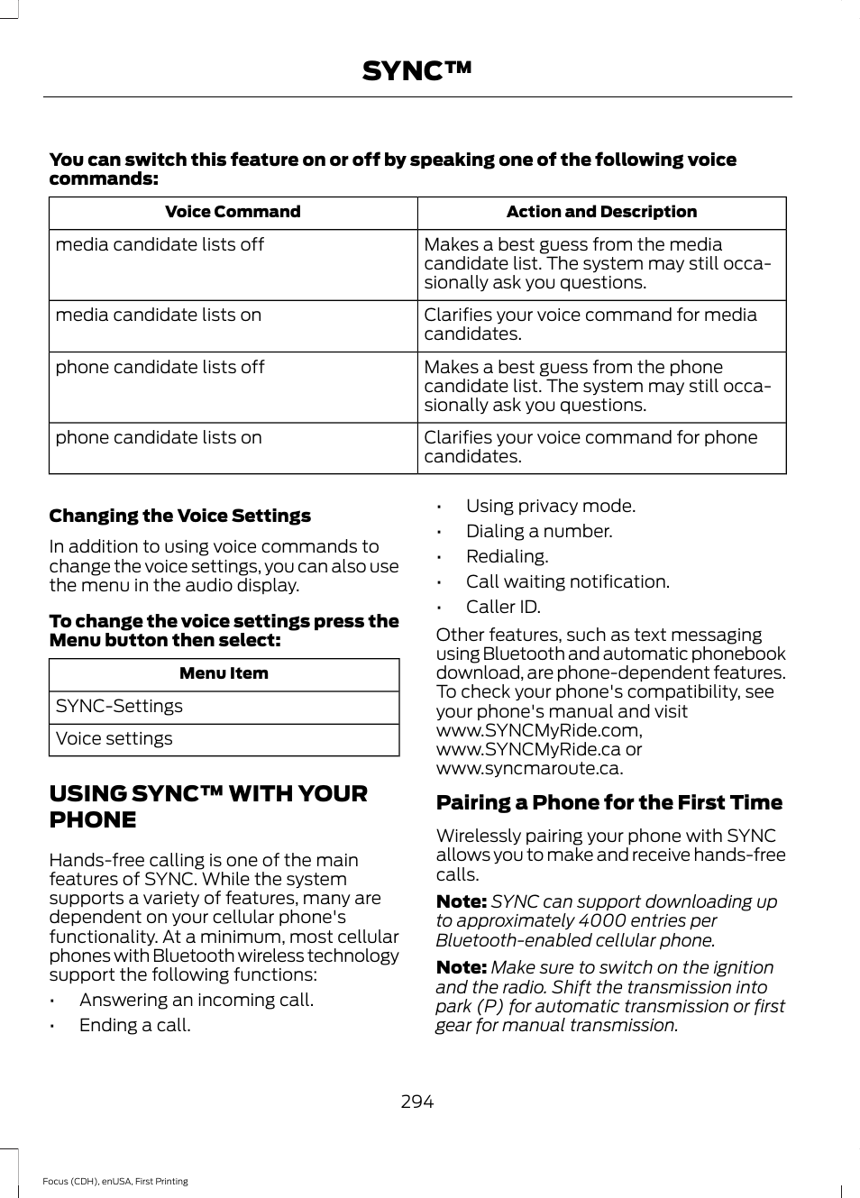 Using sync™ with your phone, Sync | FORD 2015 Focus User Manual | Page 297 / 453