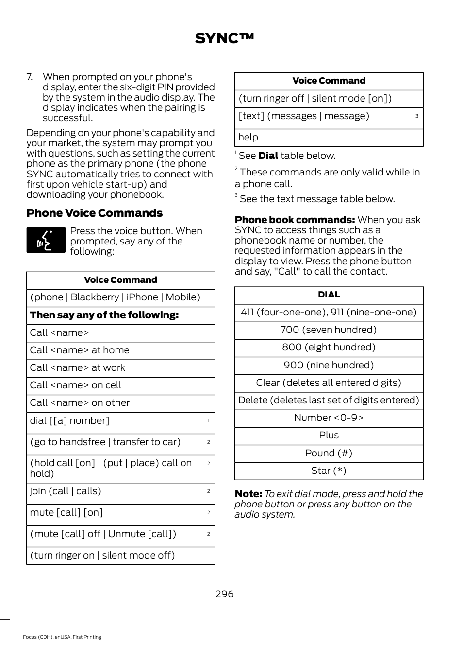 Sync, Phone voice commands | FORD 2015 Focus User Manual | Page 299 / 453