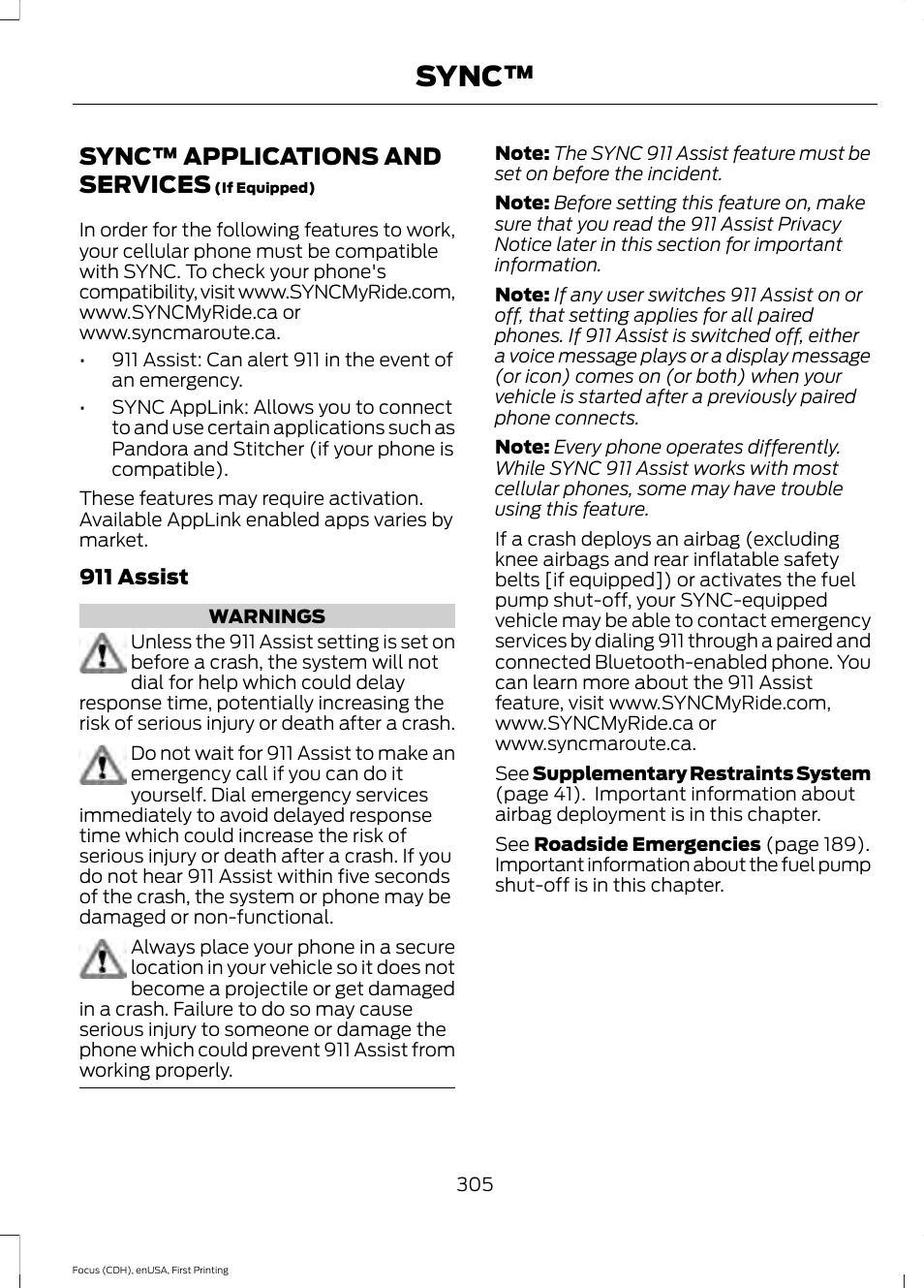 Sync™ applications and services, Sync | FORD 2015 Focus User Manual | Page 308 / 453