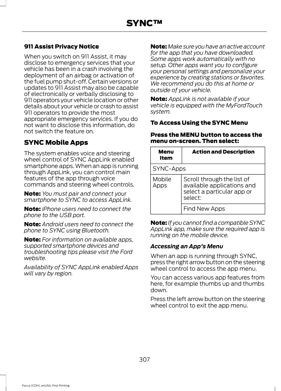 Sync | FORD 2015 Focus User Manual | Page 310 / 453