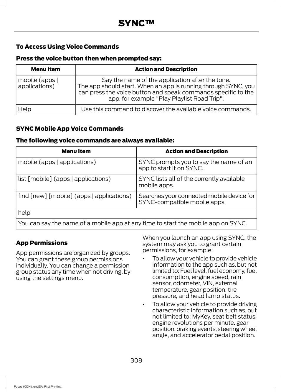 Sync | FORD 2015 Focus User Manual | Page 311 / 453