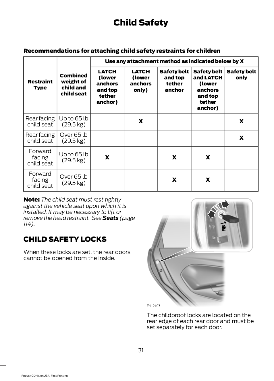 Child safety locks, Child safety | FORD 2015 Focus User Manual | Page 34 / 453