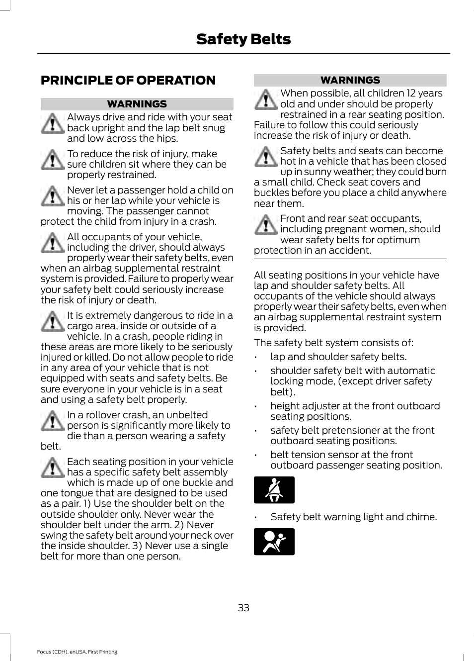 Safety belts, Principle of operation | FORD 2015 Focus User Manual | Page 36 / 453