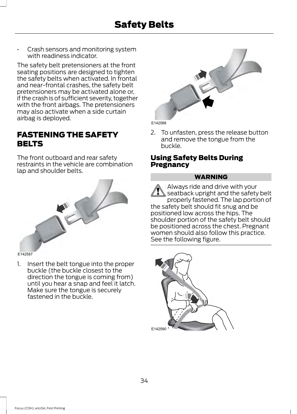 Fastening the safety belts, Safety belts | FORD 2015 Focus User Manual | Page 37 / 453