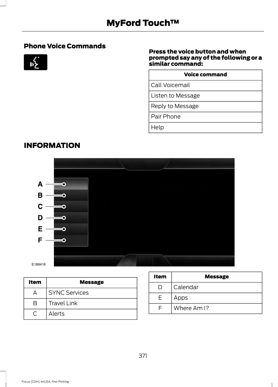 Information, Myford touch | FORD 2015 Focus User Manual | Page 374 / 453