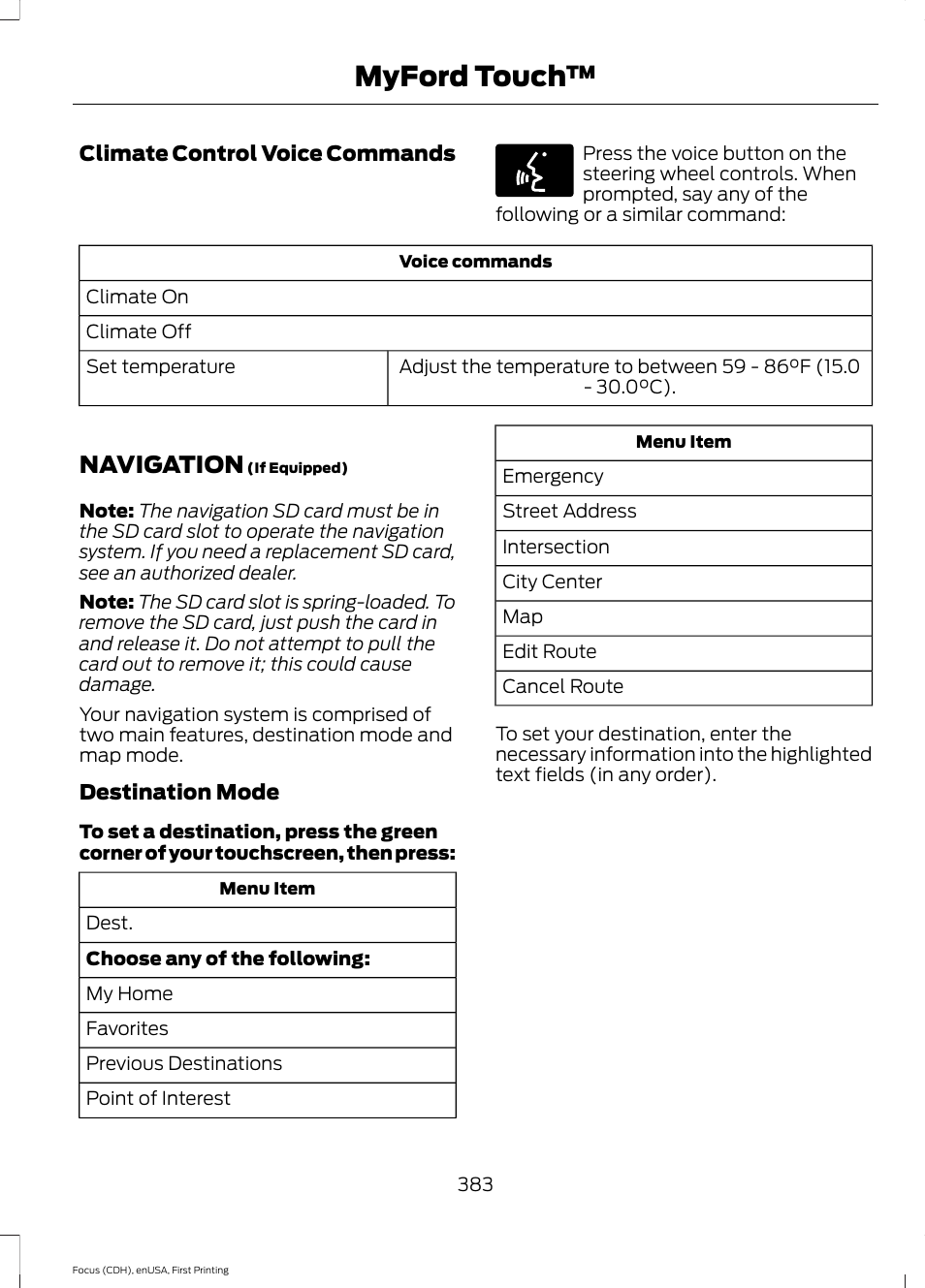 Navigation, Myford touch | FORD 2015 Focus User Manual | Page 386 / 453