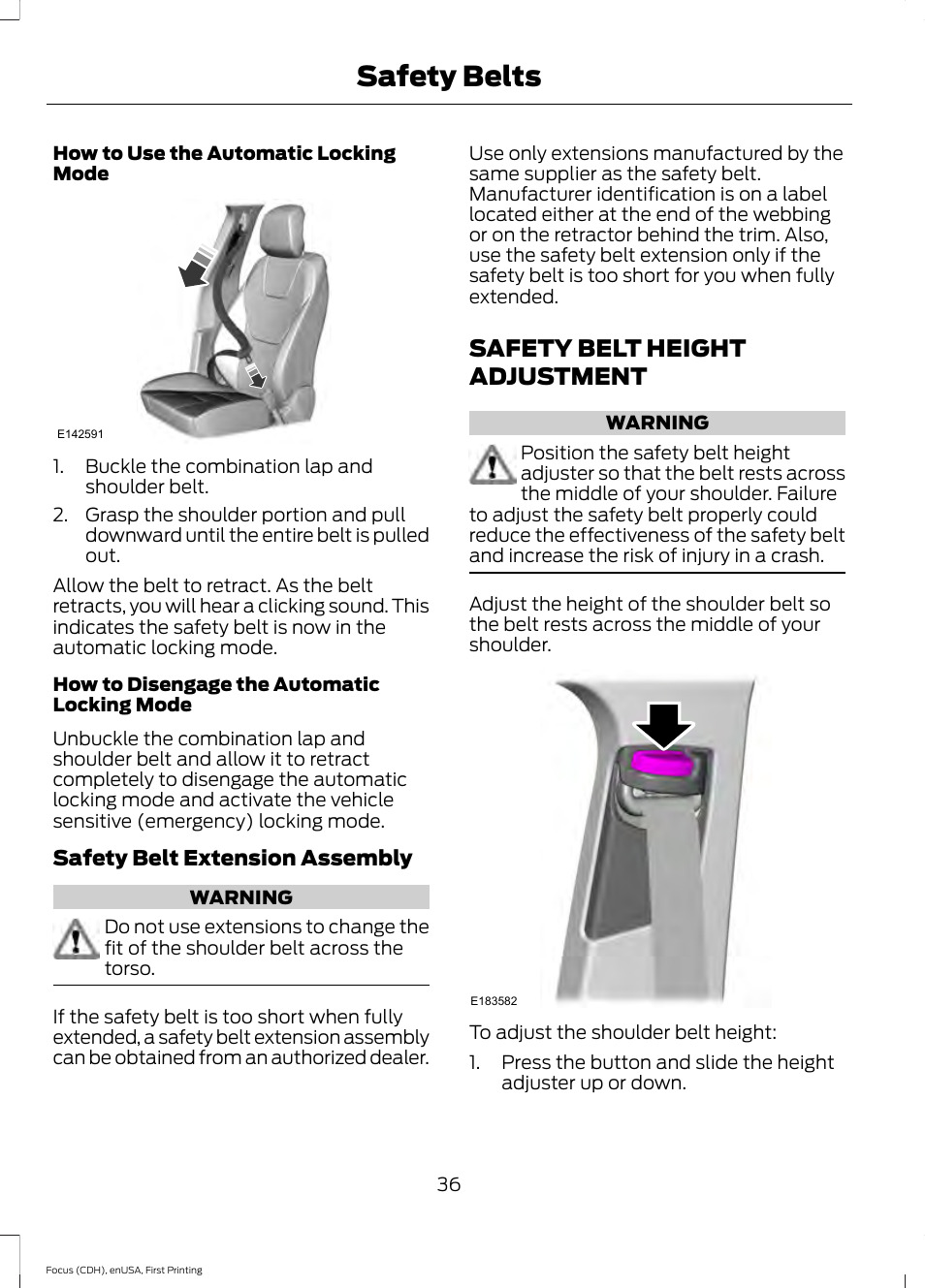 Safety belt height adjustment, Safety belts | FORD 2015 Focus User Manual | Page 39 / 453
