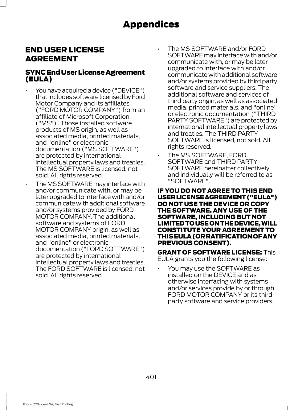 Appendices, End user license agreement | FORD 2015 Focus User Manual | Page 404 / 453