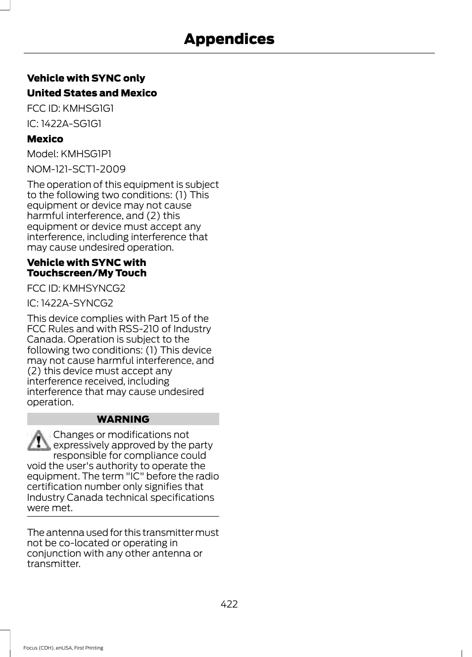 Appendices | FORD 2015 Focus User Manual | Page 425 / 453