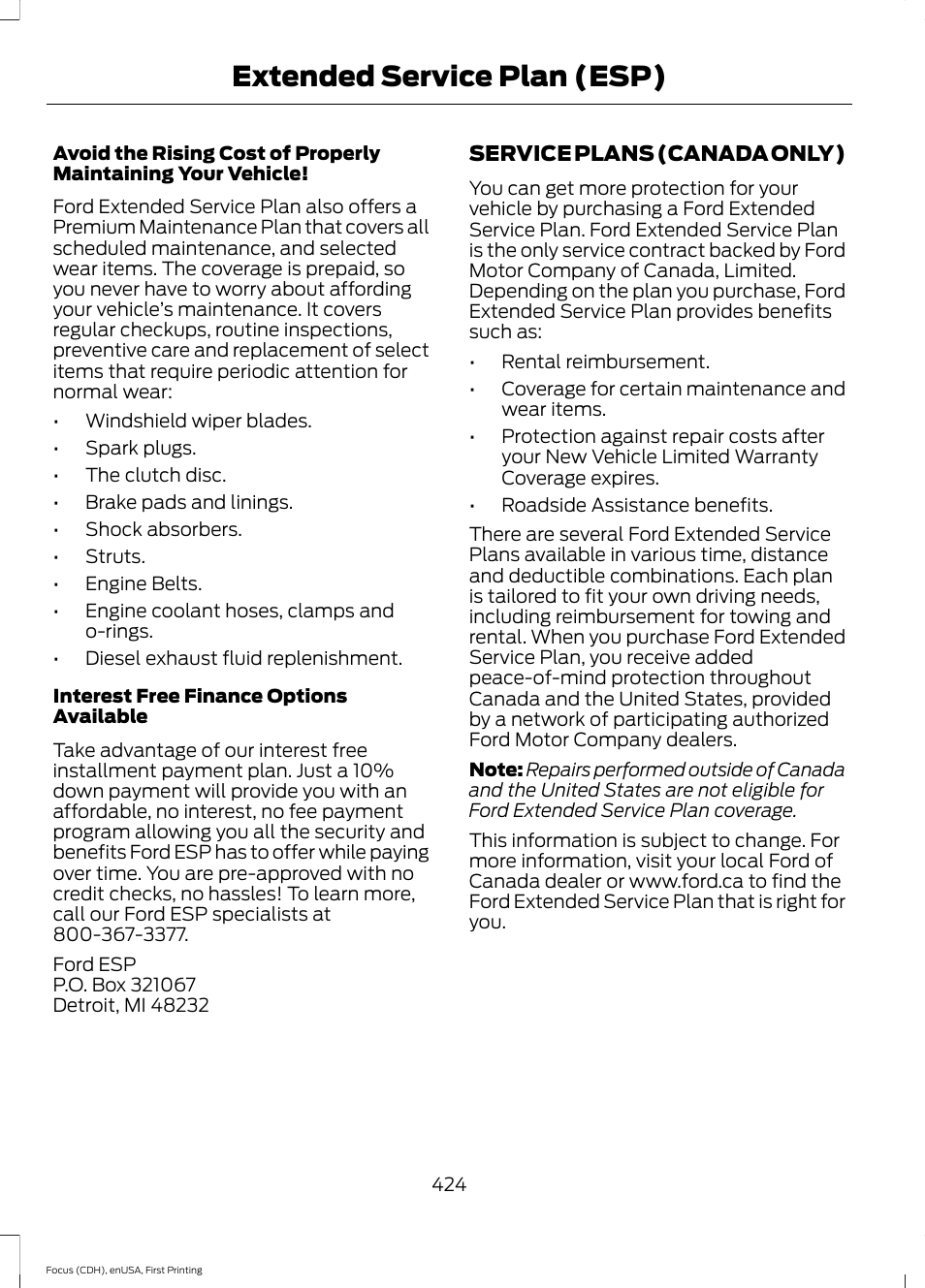 Extended service plan (esp) | FORD 2015 Focus User Manual | Page 427 / 453
