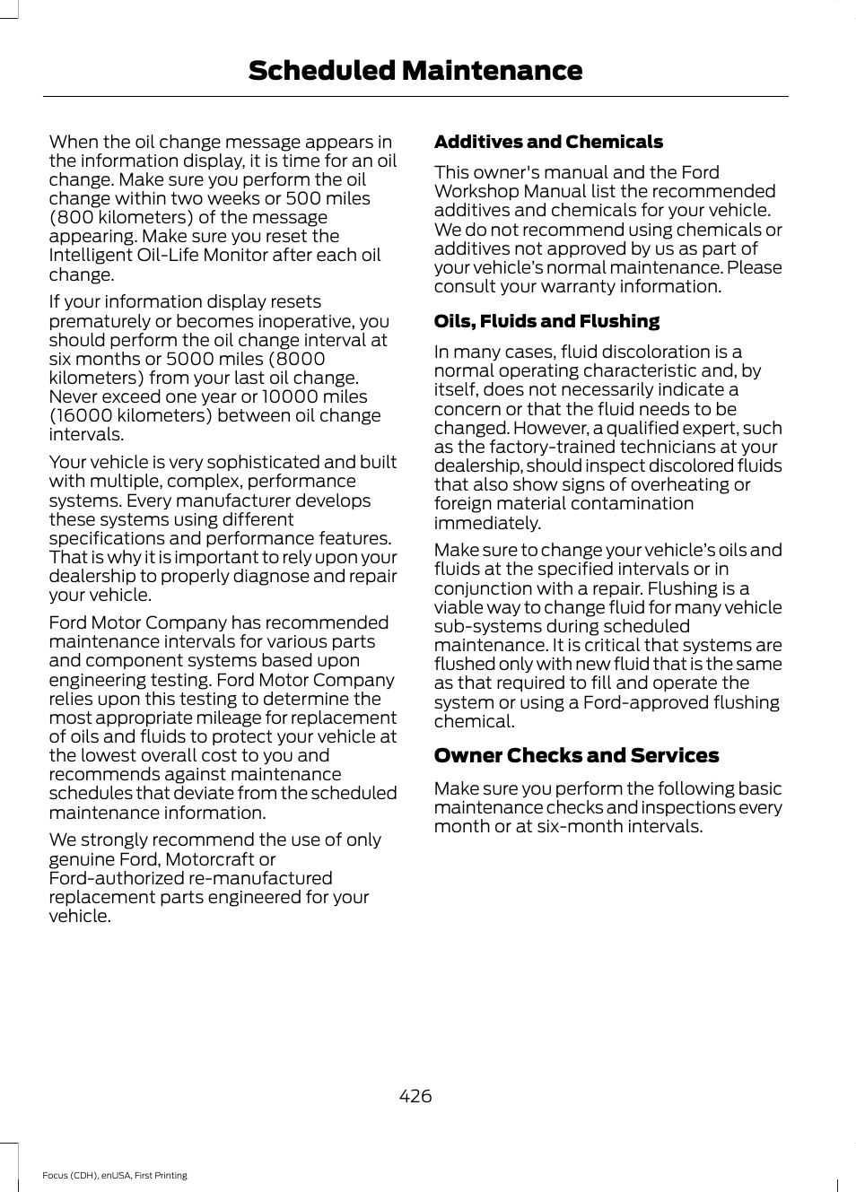 Scheduled maintenance | FORD 2015 Focus User Manual | Page 429 / 453