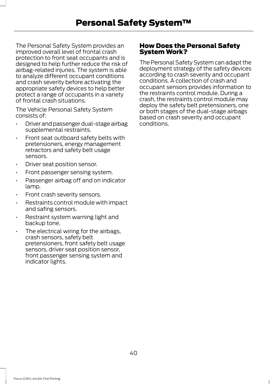 Personal safety system | FORD 2015 Focus User Manual | Page 43 / 453