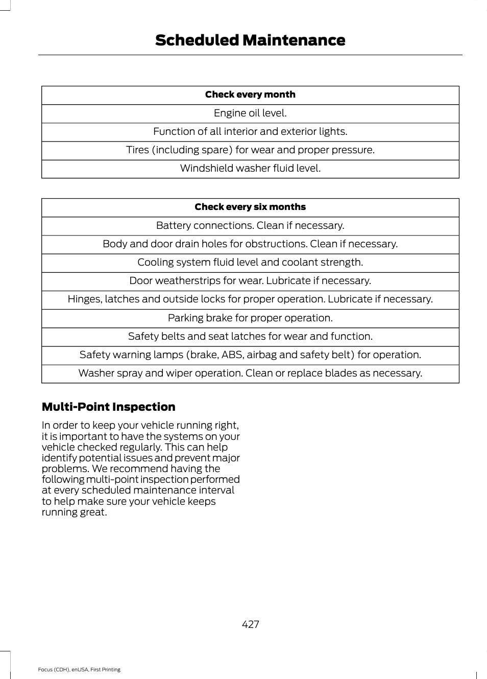 Scheduled maintenance | FORD 2015 Focus User Manual | Page 430 / 453