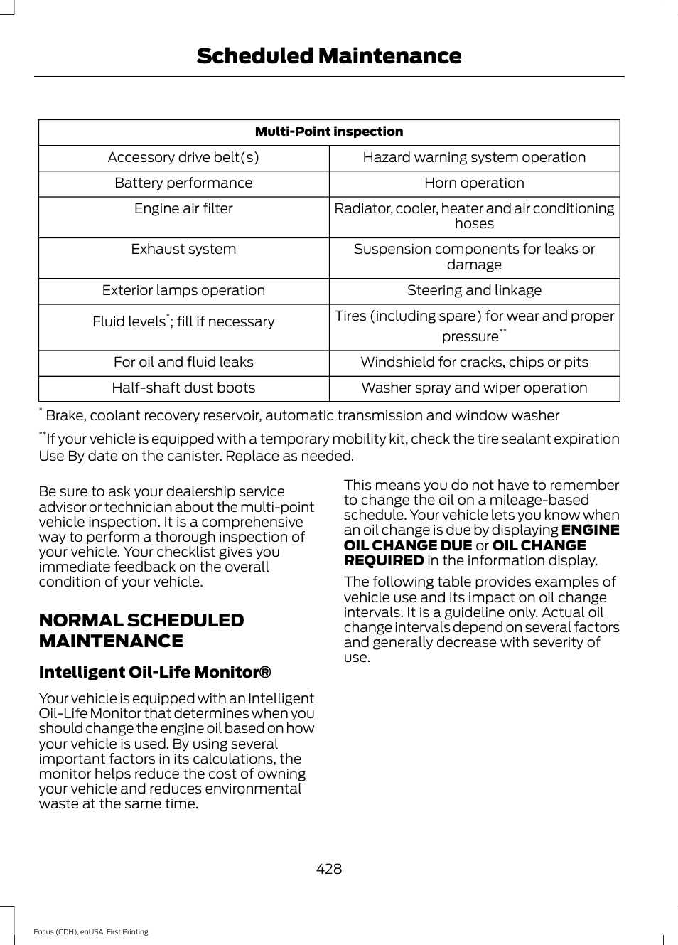 Normal scheduled maintenance, Scheduled maintenance | FORD 2015 Focus User Manual | Page 431 / 453