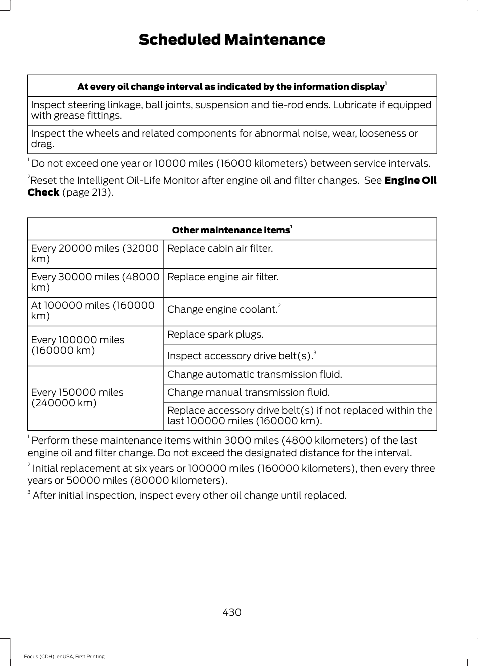 Scheduled maintenance | FORD 2015 Focus User Manual | Page 433 / 453