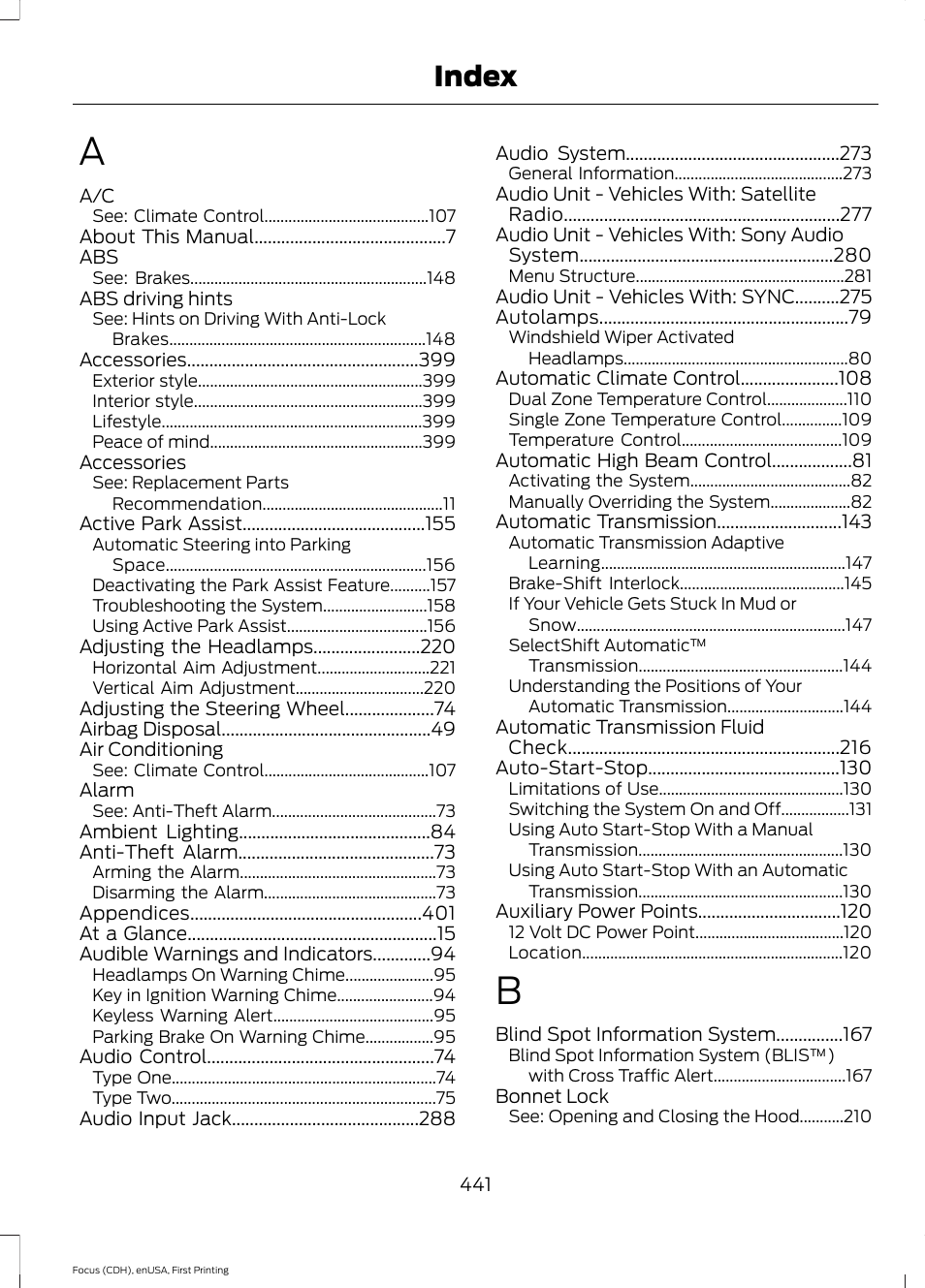 Index | FORD 2015 Focus User Manual | Page 444 / 453