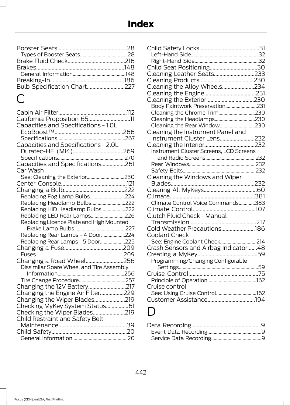 Index | FORD 2015 Focus User Manual | Page 445 / 453