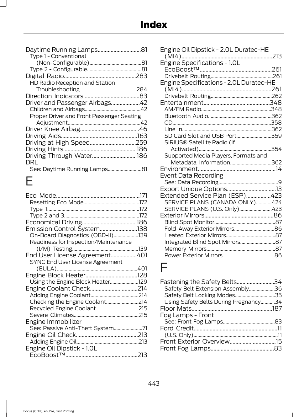 Index | FORD 2015 Focus User Manual | Page 446 / 453