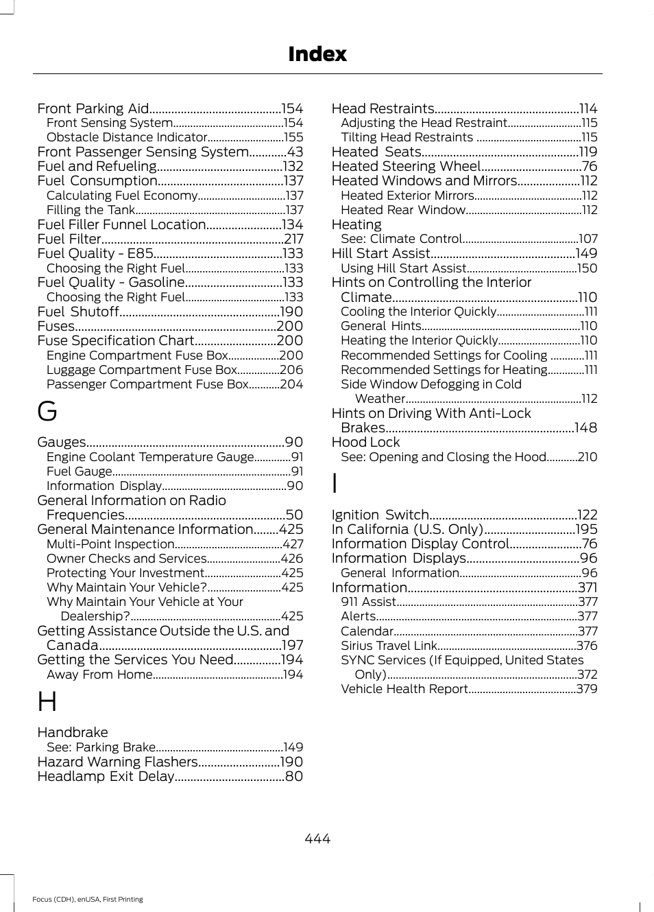 Index | FORD 2015 Focus User Manual | Page 447 / 453