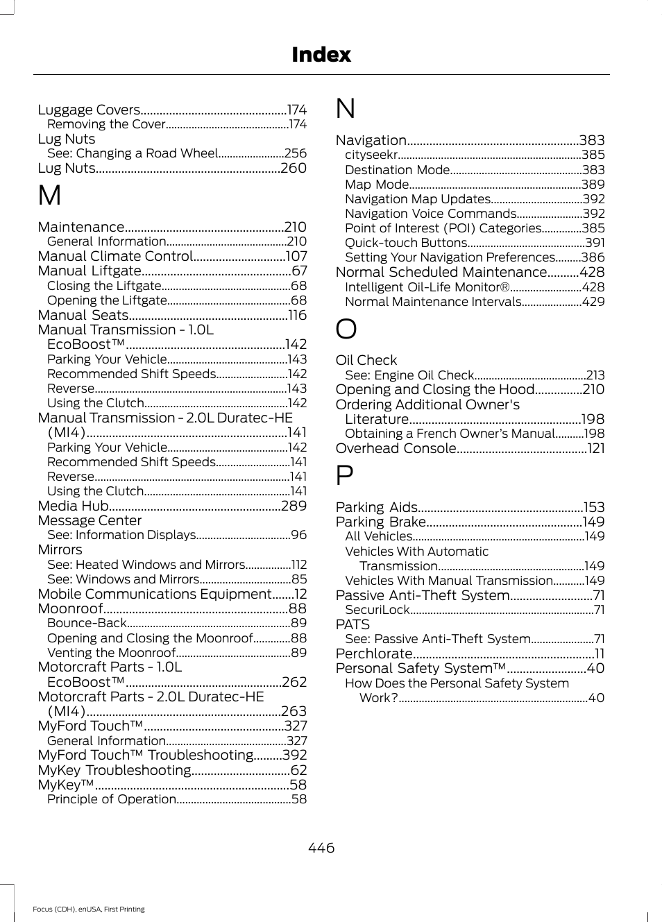 Index | FORD 2015 Focus User Manual | Page 449 / 453