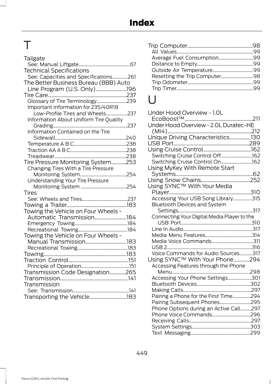 Index | FORD 2015 Focus User Manual | Page 452 / 453