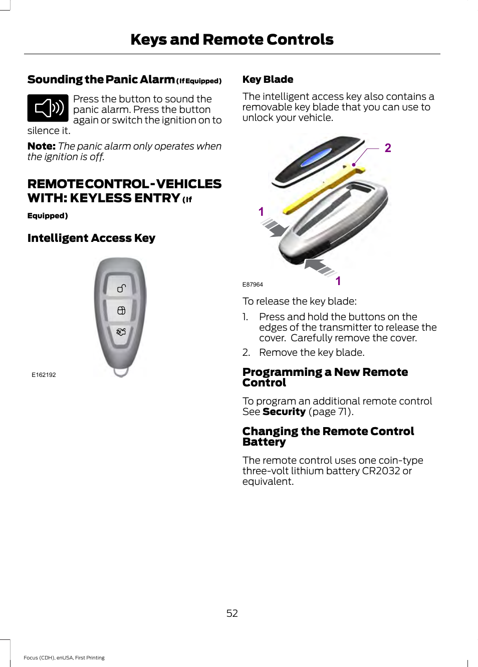 Remote control, Remote control - vehicles with: keyless, Entry | Keys and remote controls, Remote control - vehicles with: keyless entry | FORD 2015 Focus User Manual | Page 55 / 453