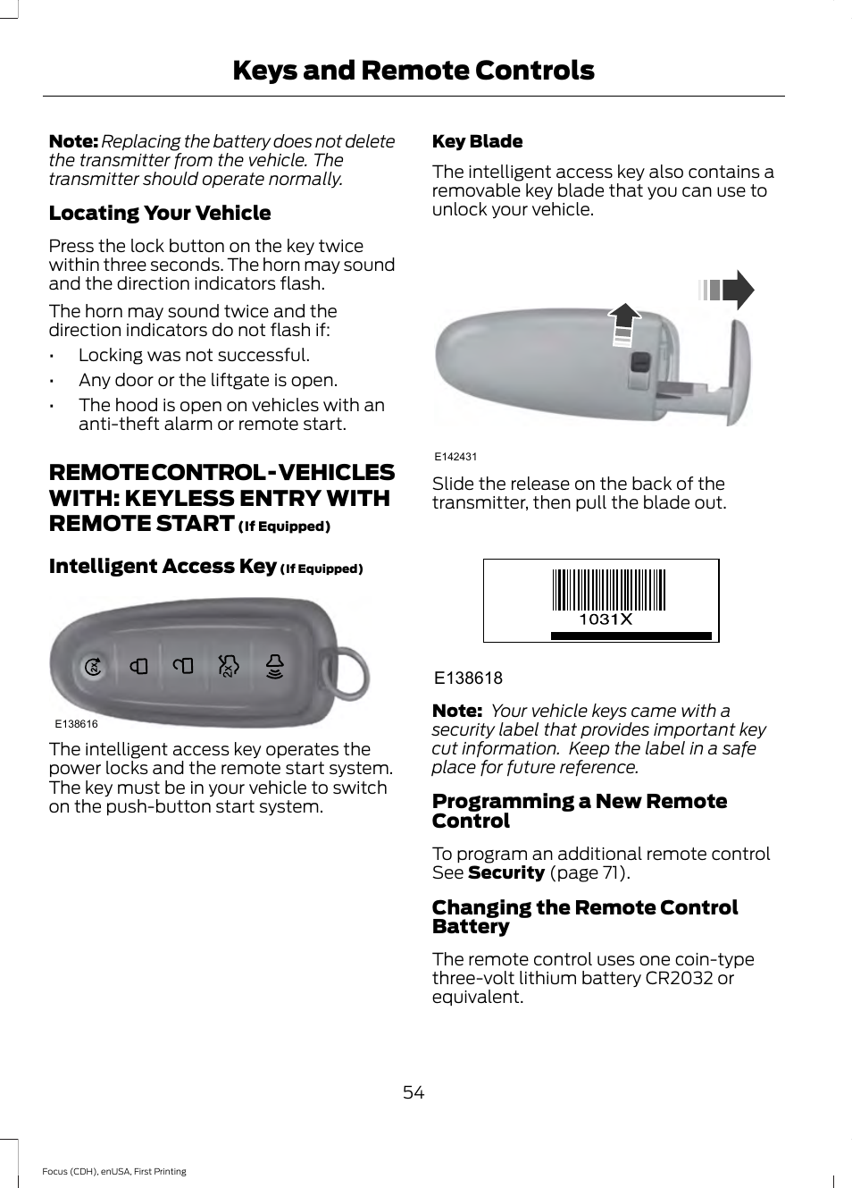 Remote control, Remote control - vehicles with: keyless, Entry with remote start | Keys and remote controls | FORD 2015 Focus User Manual | Page 57 / 453