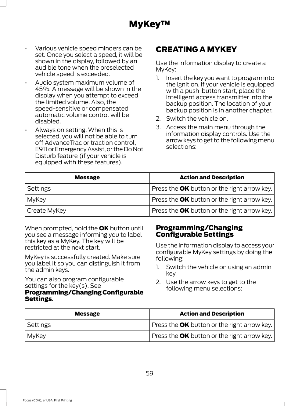 Creating a mykey, Mykey | FORD 2015 Focus User Manual | Page 62 / 453