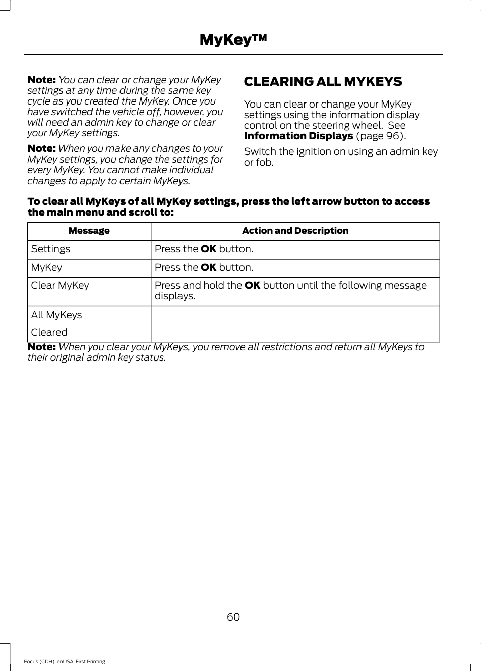 Clearing all mykeys, Mykey | FORD 2015 Focus User Manual | Page 63 / 453