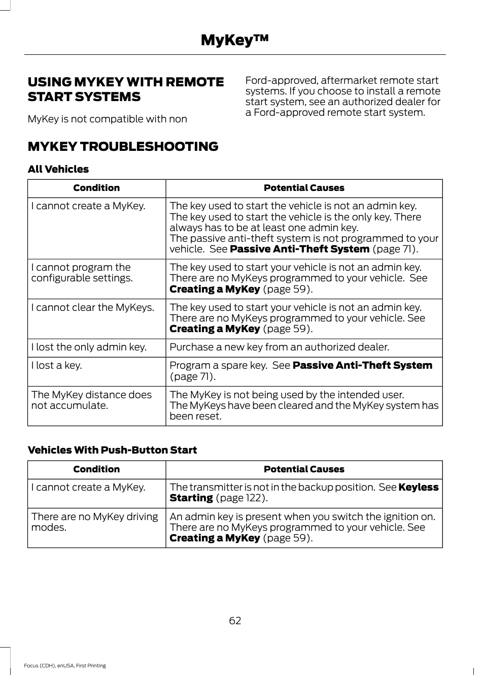 Using mykey with remote start systems, Mykey troubleshooting, Using mykey with remote start | Systems, Mykey | FORD 2015 Focus User Manual | Page 65 / 453