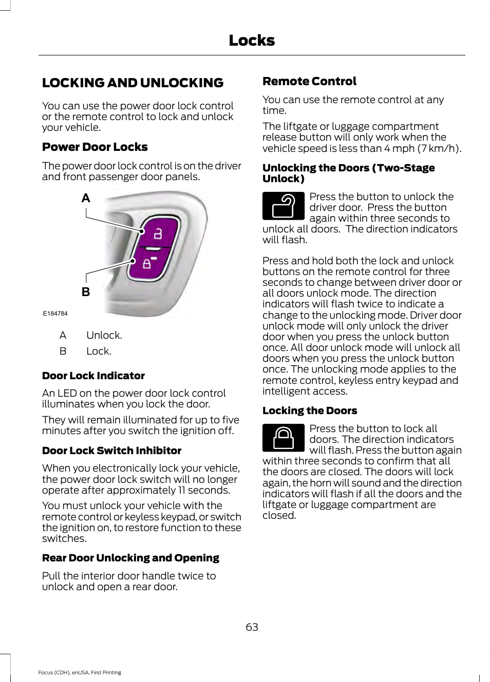 Locks, Locking and unlocking | FORD 2015 Focus User Manual | Page 66 / 453