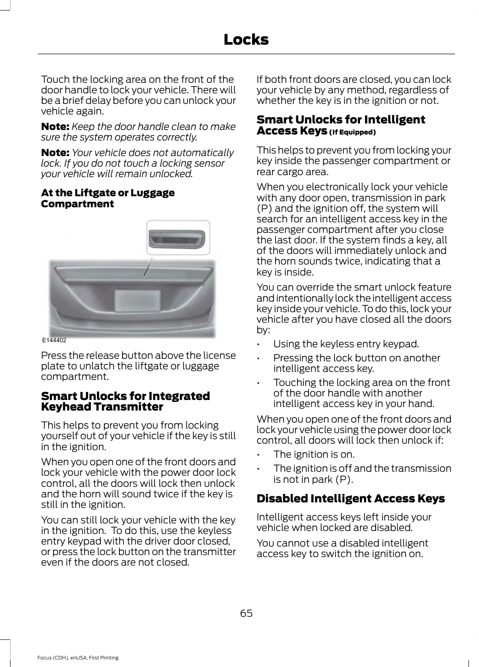 Locks | FORD 2015 Focus User Manual | Page 68 / 453