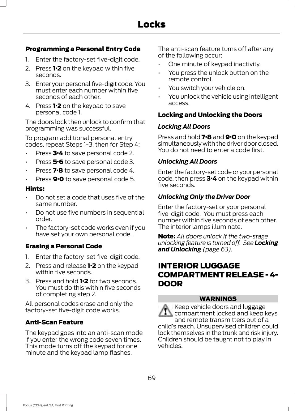 Interior luggage compartment release, Door, Locks | Interior luggage compartment release - 4- door | FORD 2015 Focus User Manual | Page 72 / 453