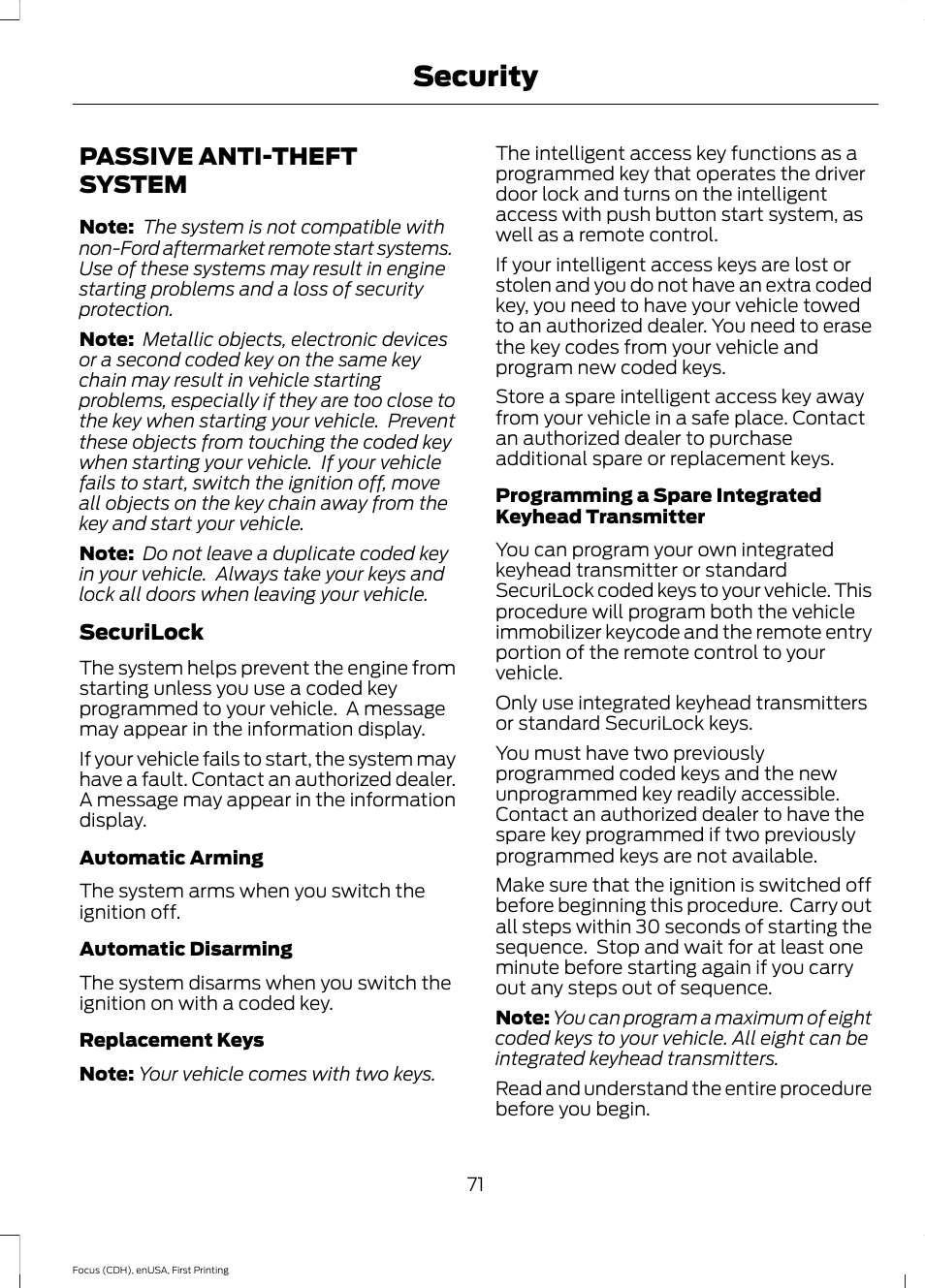 Security, Passive anti-theft system | FORD 2015 Focus User Manual | Page 74 / 453