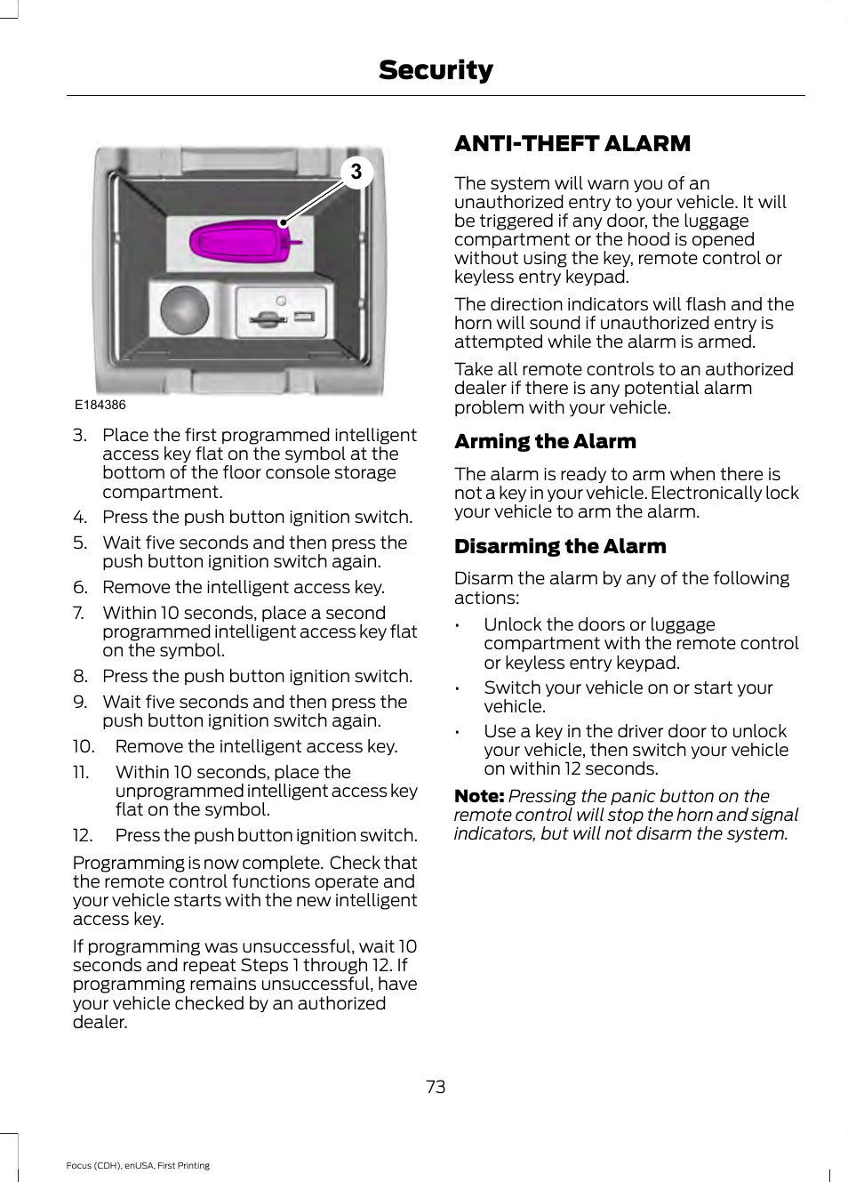 Anti-theft alarm, Security | FORD 2015 Focus User Manual | Page 76 / 453