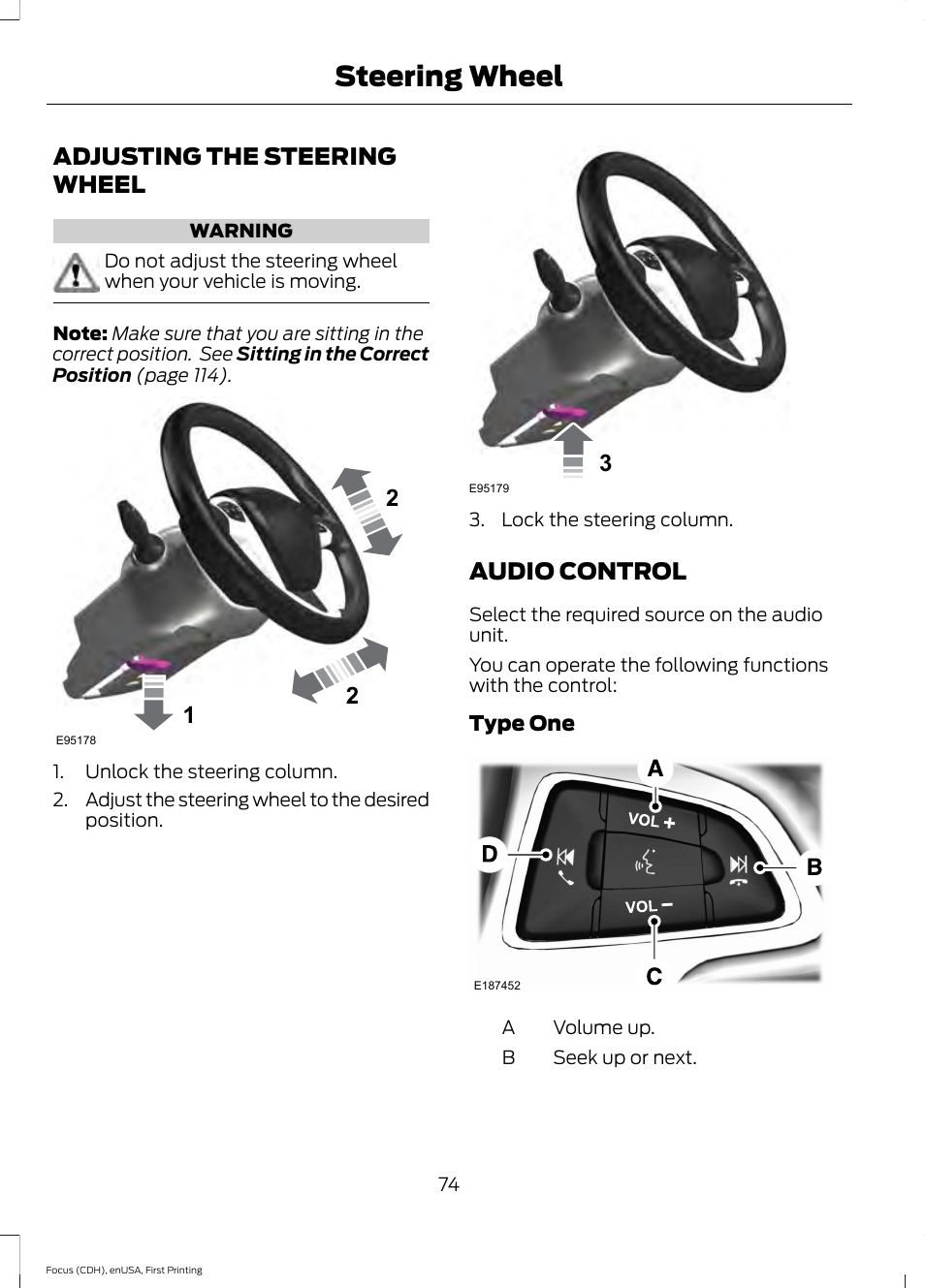Steering wheel, Adjusting the steering wheel, Audio control | Adjusting the steering wheel audio control | FORD 2015 Focus User Manual | Page 77 / 453
