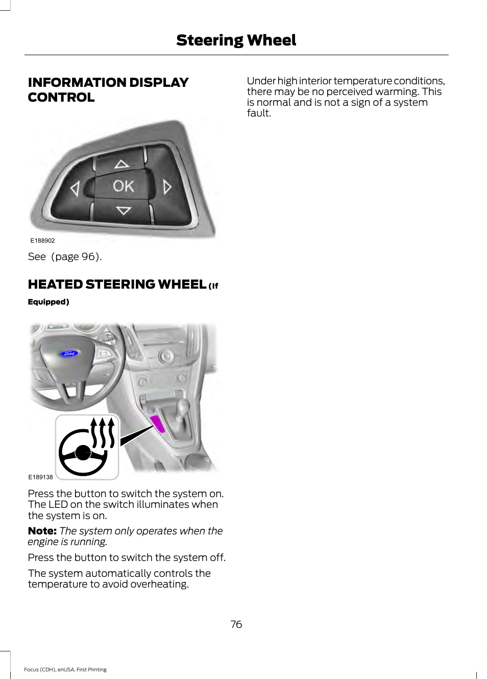 Information display control, Heated steering wheel, Information display control heated steering wheel | Steering wheel | FORD 2015 Focus User Manual | Page 79 / 453