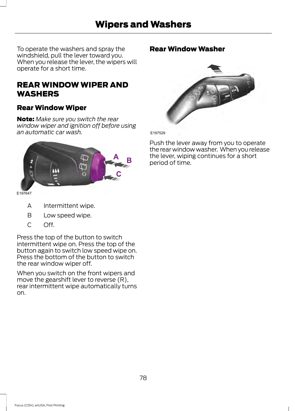 Rear window wiper and washers, Wipers and washers | FORD 2015 Focus User Manual | Page 81 / 453