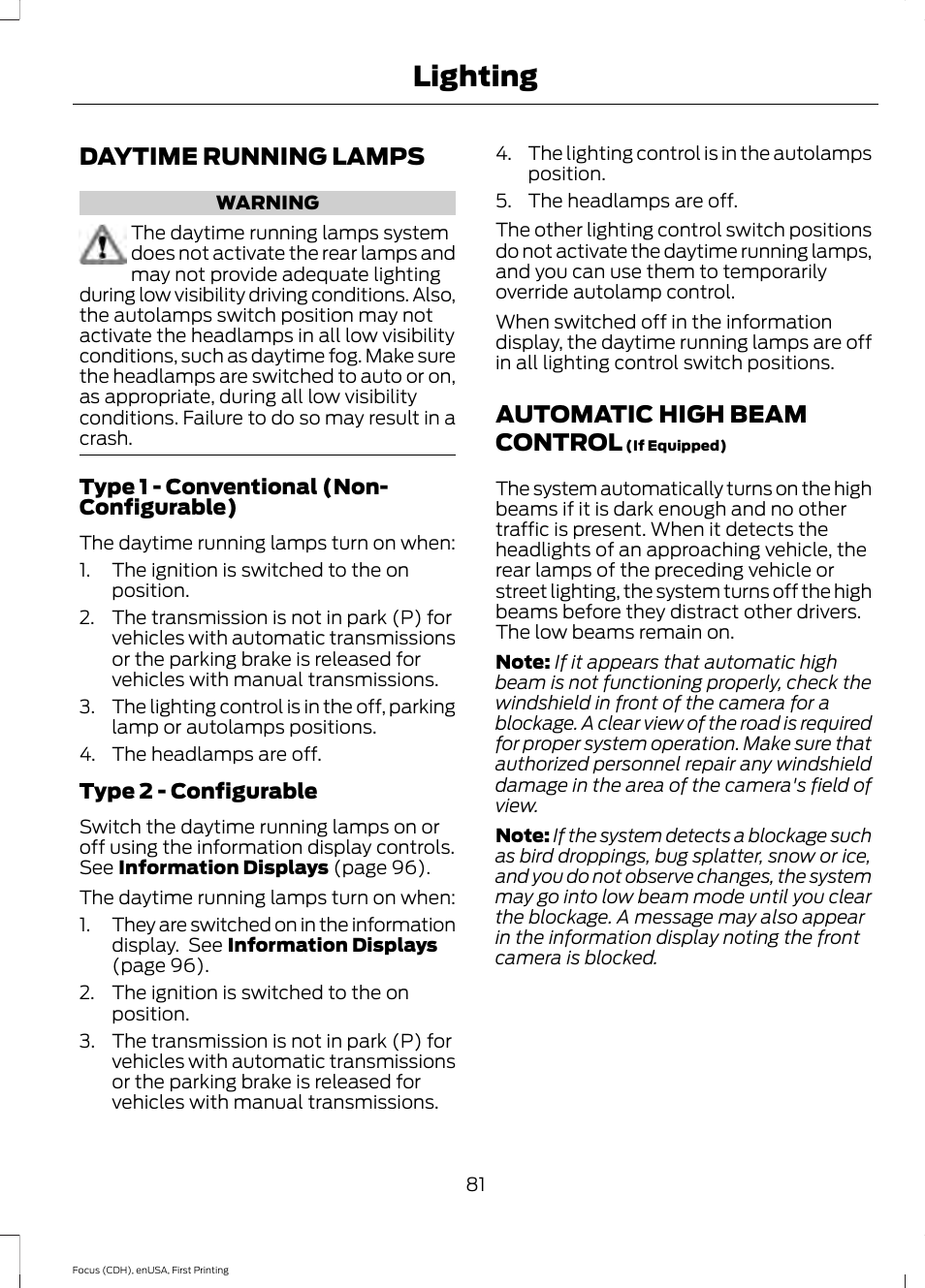 Daytime running lamps, Automatic high beam control, Daytime running lamps automatic high beam control | Lighting | FORD 2015 Focus User Manual | Page 84 / 453