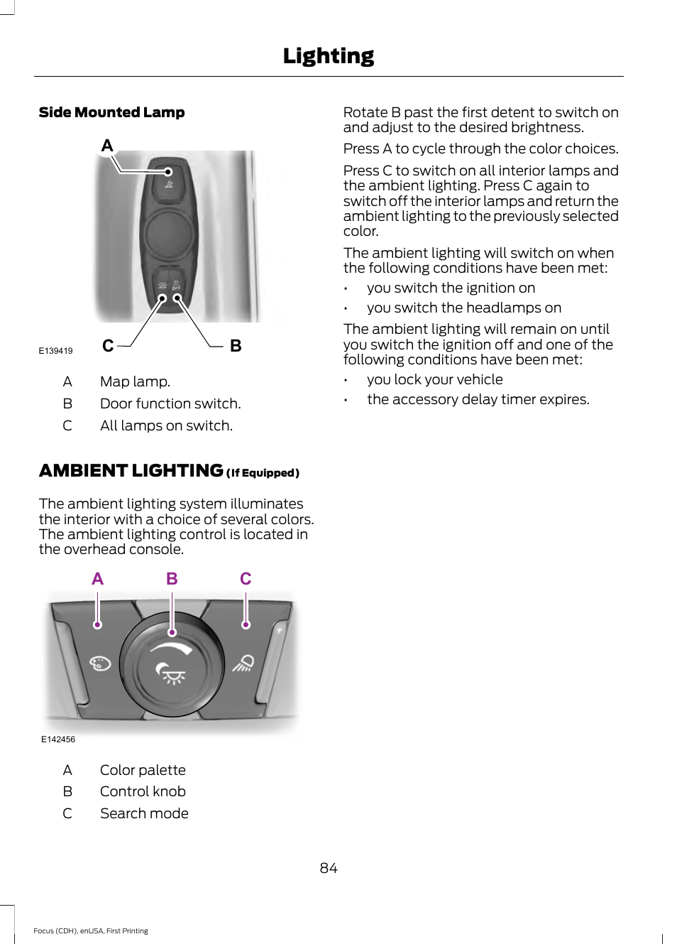 Ambient lighting, Lighting, Ab c | FORD 2015 Focus User Manual | Page 87 / 453