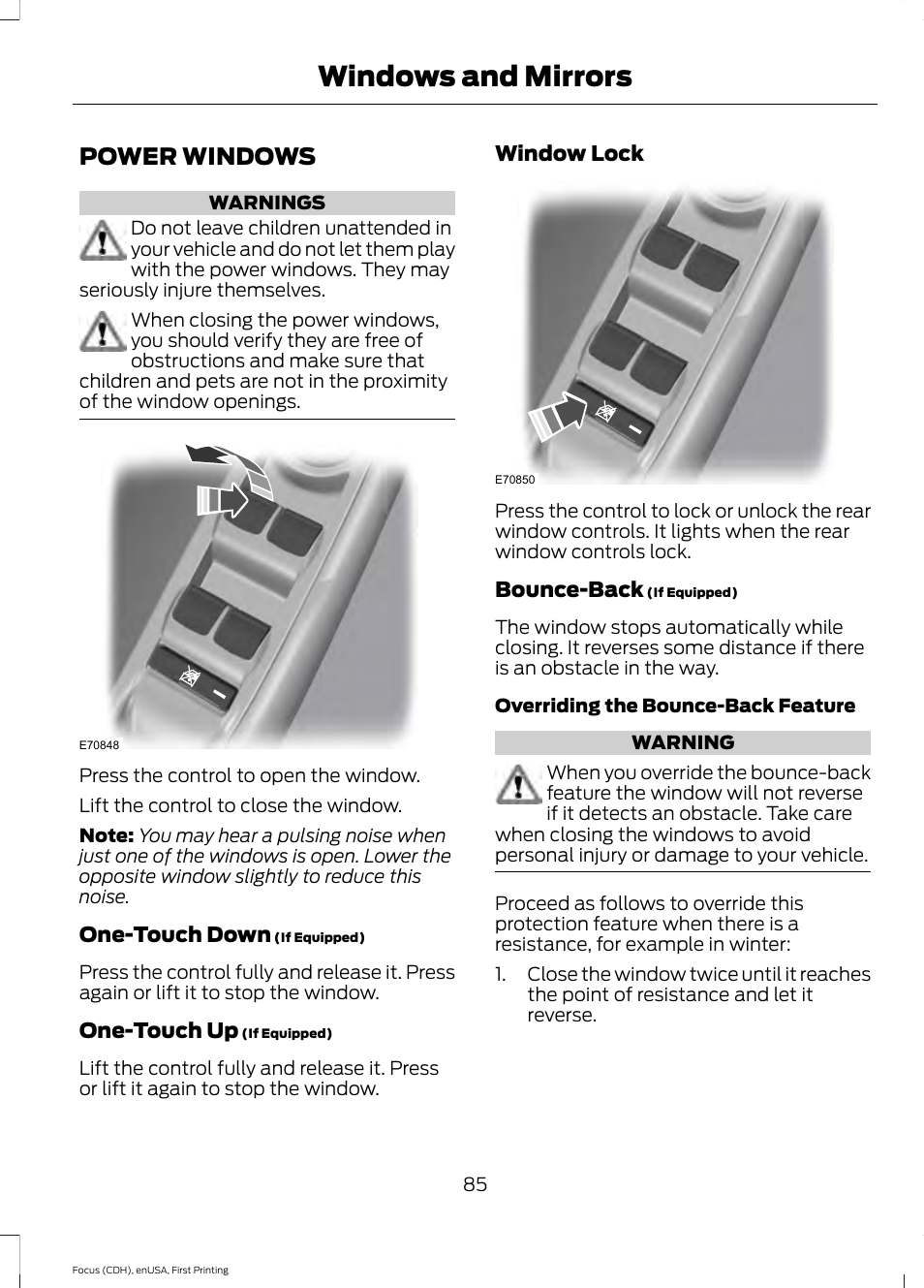 Windows and mirrors, Power windows | FORD 2015 Focus User Manual | Page 88 / 453