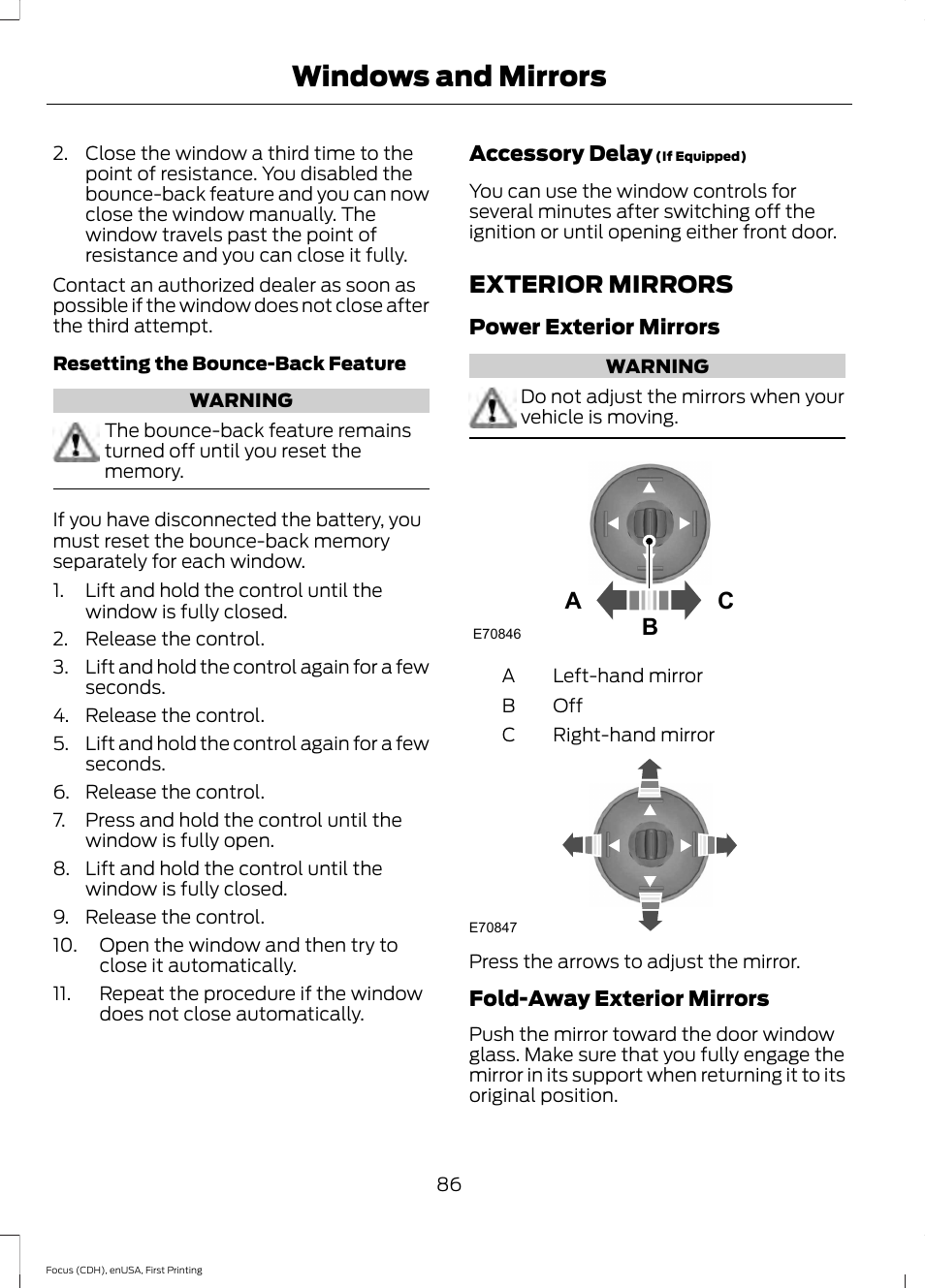 Exterior mirrors, Windows and mirrors, Ac b | FORD 2015 Focus User Manual | Page 89 / 453