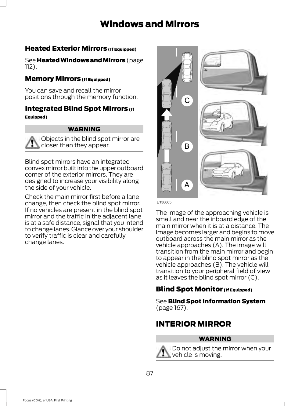 Interior mirror, Windows and mirrors, Ab c | FORD 2015 Focus User Manual | Page 90 / 453