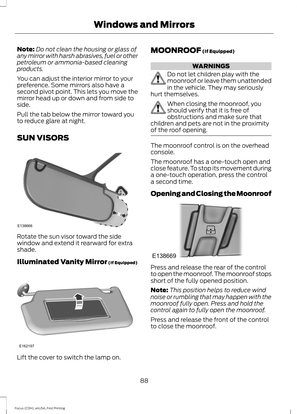 Sun visors, Moonroof, Sun visors moonroof | Windows and mirrors | FORD 2015 Focus User Manual | Page 91 / 453