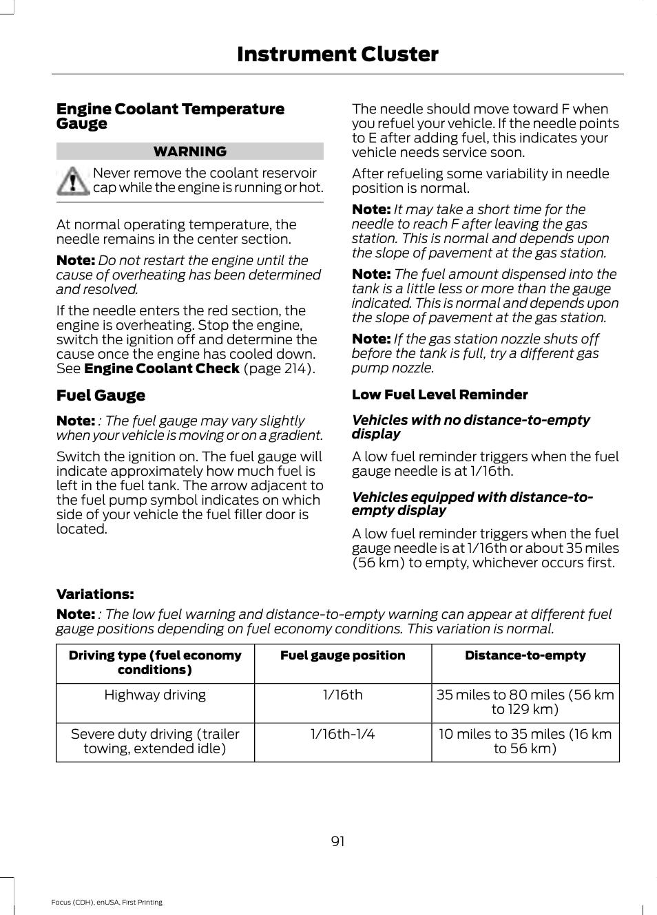Instrument cluster | FORD 2015 Focus User Manual | Page 94 / 453