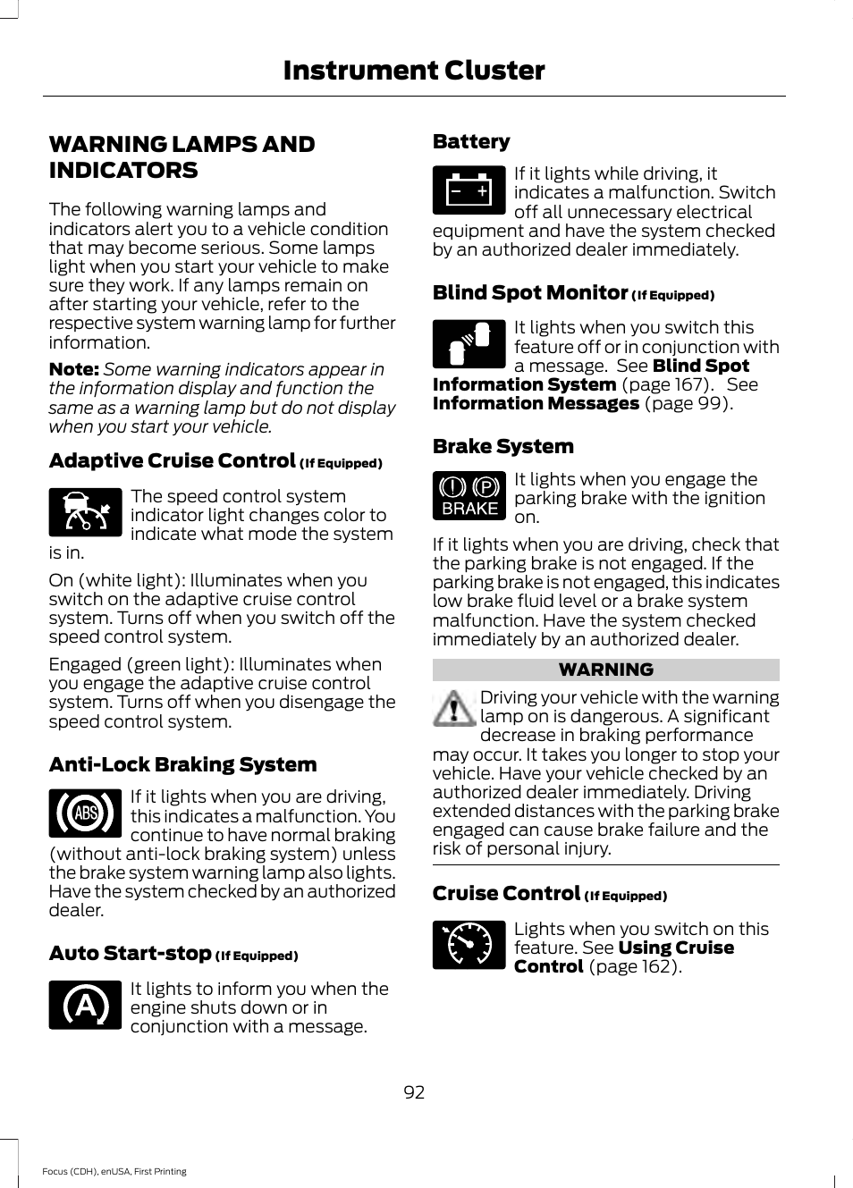 Warning lamps and indicators, Instrument cluster | FORD 2015 Focus User Manual | Page 95 / 453